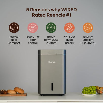 Reencle Gravity Electric Composter - 22L Kitchen Composter– Decomposes 3.3 lbs Daily, Odorless & Quiet Indoor Composting, Rapid Decomposition with All-New Compost Starter 2.0 + Booster Pack (Silver)