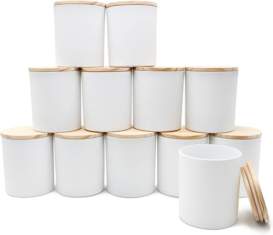 SHOWIN 14 OZ Thick Candle Jars for Making Candles 12 Pcs, 3 Wick Empty Jars with Wood Lids for Candle Making, Sample Container,Matte White