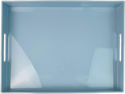 Light Blue Decorative Tray, Rectangular Large Serving Tray with Handles, Plastic Coffee Table Tray for Ottoman, Living Room, Kitchen Tabletop, 15.7” x 11.8” x1.6”