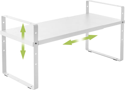 Expandable Cabinet Shelf Organizer Rack, Stackable Kitchen Counter Storage Shelves Stand, Adjustable Height Pantry Shelf Spice Rack (White, 1 Pack)