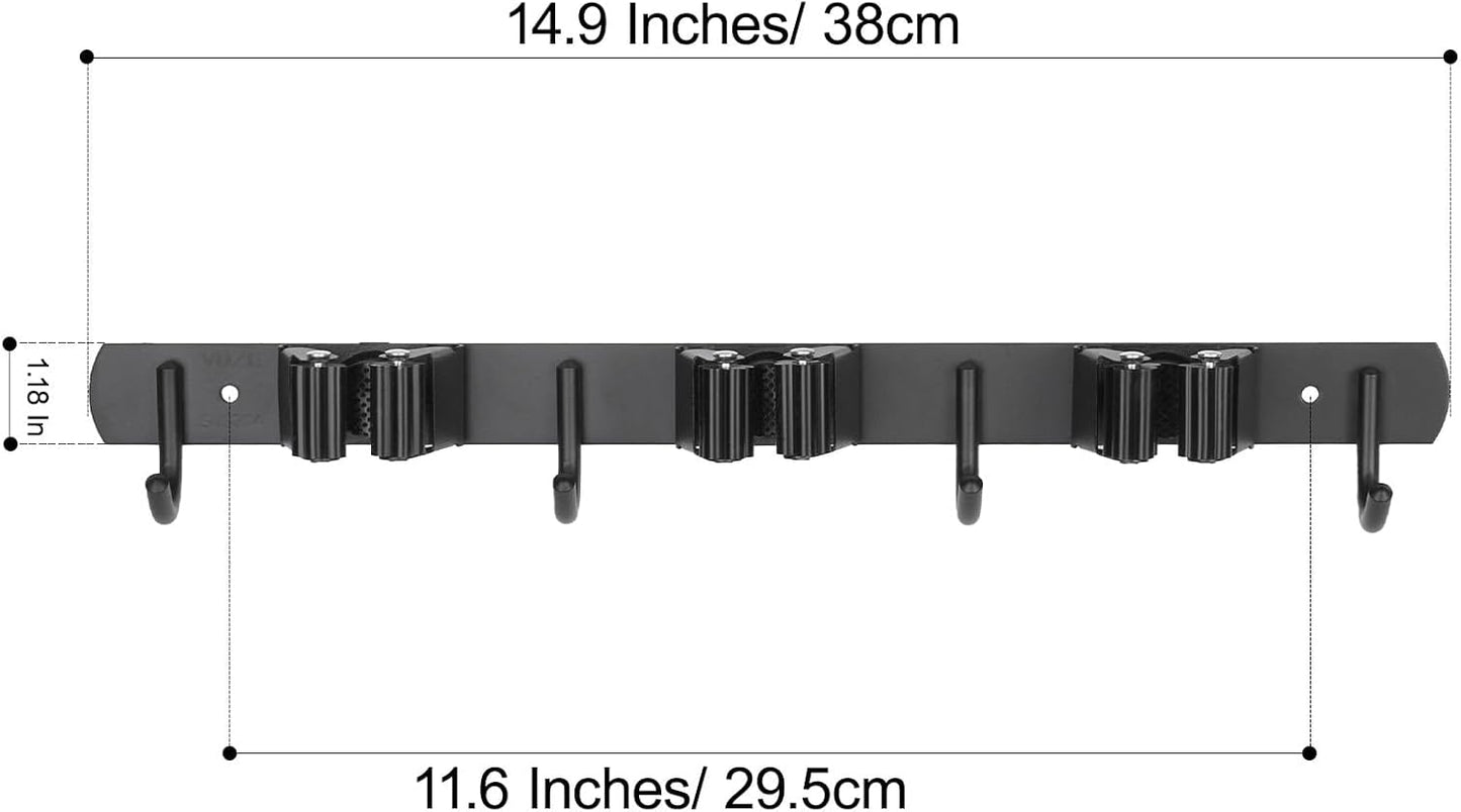 voze 3 Racks and 4 Hooks Mop and Broom Holder Wall Mount, Self Adhesive Heavy Duty Broom Organizer Storage Tool Racks for Kitchen Garden Laundry Garage