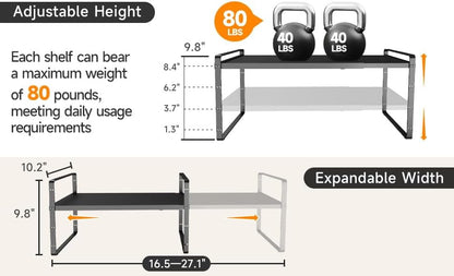 16.5~27.1" Expandable Shelf Organizer, 2Pack 10.2" Wide Stackable Cabinet Shelf Organizers, Black Metal Sturdy Kitchen Counter Storage for Countertop, Adjustable Height Spice Rack