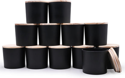 12 OZ Thick Candle Jars for Making Candles 12 Pcs, Empty Jars with Wood Lids for Spice Jars, Sample Container, Matte Black