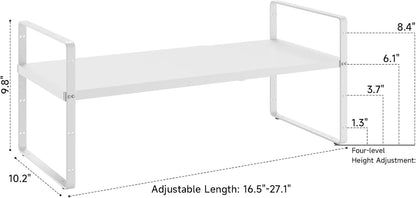 16.5~27.1" Expandable Shelf Organizer, 2Pack 10.2" Wide Stackable Cabinet Shelf Organizers, White Metal Sturdy Kitchen Counter Storage for Countertop, Adjustable Height Spice Rack