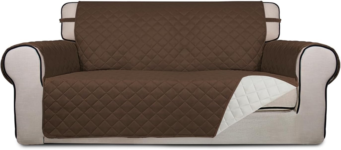 PureFit Reversible Quilted Sofa Cover, Water Resistant Slipcover Furniture Protector, Washable Couch Cover with Non Slip and Elastic Straps for Kids, Dogs, Pets (Oversized Loveseat, Coffee/Ivory)