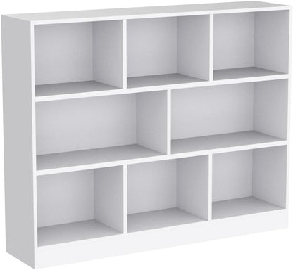IOTXY Open Shelf Low Bookcase - Wooden 3-Tier Floor Standing Display Cabinet Organizer with Base, 8 Cubes Short Horizontal Bookshelf in Warm White