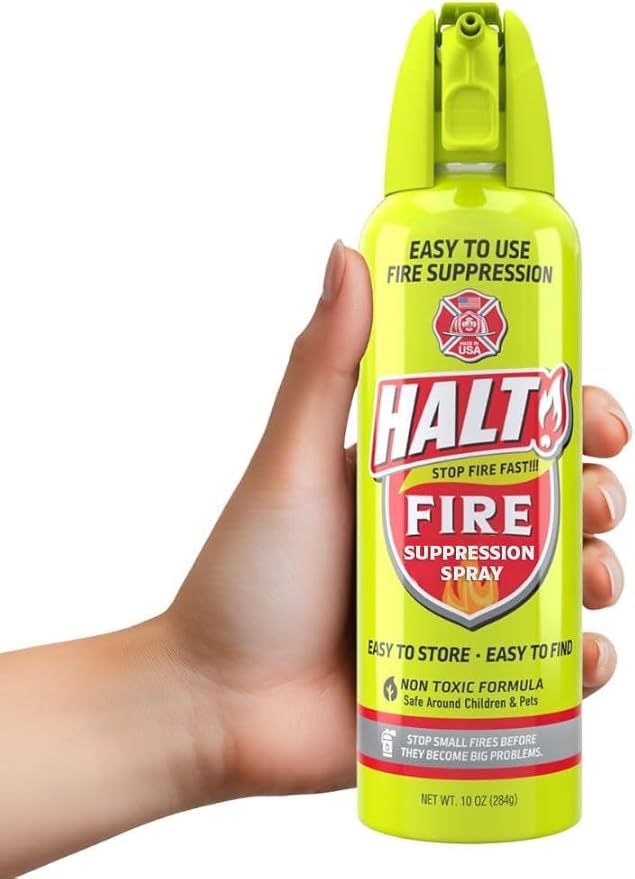HALT! 10oz Fire Safety Spray – Non-Toxic, PFAS-Free Handheld Fire Suppressor – Easy to Use, Store & Find – Compact & Portable for Home, Kitchen, Car, BBQ, Camping & Tailgate – Made in USA (Single)