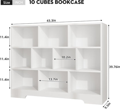 Book Shelf, 10 Cubes Storage Organizer, 3-Tier Open Shelf Wooden Bookcase, Freestanding White Bookshelf Cube Shelf for Bedroom, Living Room