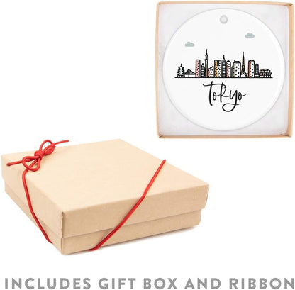 Andaz Press Round Ceramic Porcelain Christmas Tree Ornament Keepsake Gift, Tokyo, Colorful International City Skyline Graphic, 1-Pack, Birthday Ideas Family Coworker Him Her, Gift Box