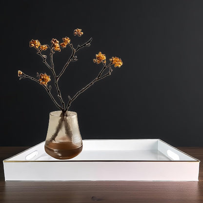 Large White Rectangular Decorative Tray – Plastic Serving Tray with Handles for Coffee Table, Ottoman, Living Room, 15.7” x 11.8” x 1.6