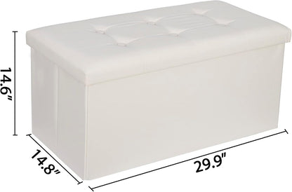 SUPER DEAL Folding Storage Ottoman Bench, Waterproof Faux Leather Ottoman Padded Seat Footrest Bench for Living Room, Bedroom, Entryway, Small Spaces, 15 x 30 x 15 inches, Creamy White