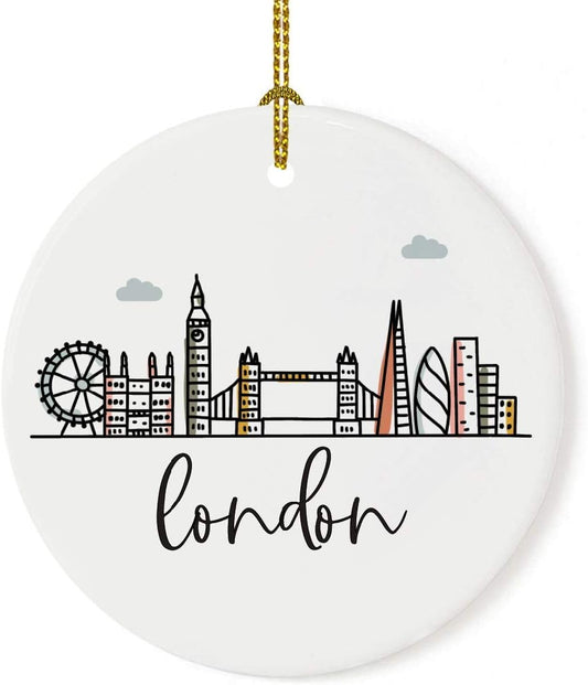 Andaz Press Round Ceramic Porcelain Christmas Tree Ornament Keepsake Gift, London, Colorful International City Skyline Graphic, 1-Pack, Birthday Ideas Family Coworker Him Her, Gift Box