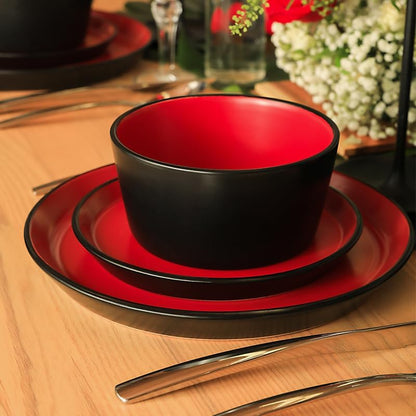 Stone Lain Albie Stoneware 16 Piece Dinnerware Set, Plates and Bowls Sets, Dish Set for 4, Red and Black, Microwave & Dishwasher Safe