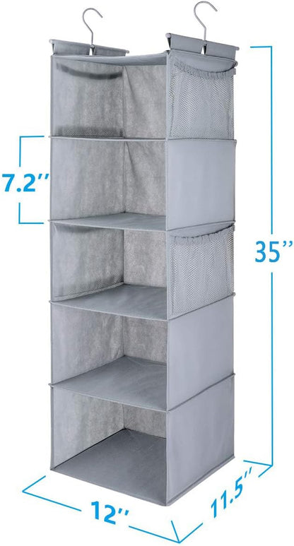 MAX Houser 5 Shelf Hanging Closet Organizer,Space Saver, Closet Hanging Shelves with (4) Side Pockets,Foldable,Light Grey