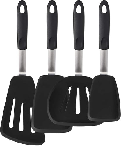 Set of 4 Silicone Spatula Utensils by Boxiki Kitchen. Professional Silicone and Stainless Steel Kitchen Spatula for Cooking, Pancakes, Eggs and Fish.