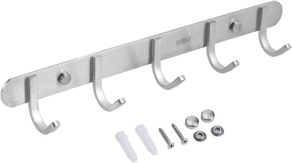 Coat Hook Rack Hanger –Towel Hook Rail with 5 Hooks 13-Inch Wall Mounted for Bedroom, Bathroom, Hallway, Garage, Garden, Office, 304 Stainless Steel Brushed Nickel, Easy Installation (Silver)