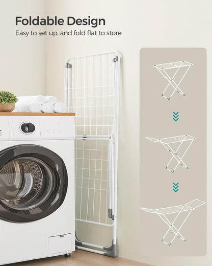 SONGMICS Clothes Drying Rack, Metal Laundry Drying Rack, Foldable, Space-Saving, Free-Standing Airer, with 2 Gullwings, Indoor Outdoor Use, Bed Linen Clothing, White ULLR540W01