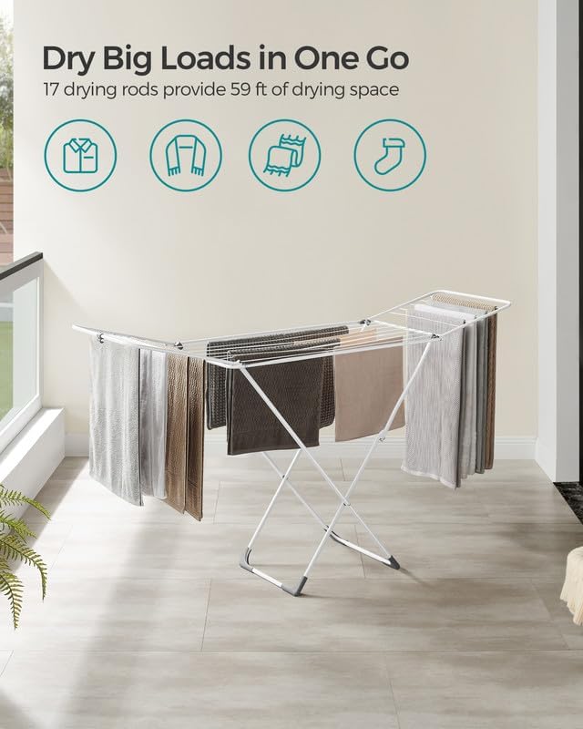 SONGMICS Clothes Drying Rack, Metal Laundry Drying Rack, Foldable, Space-Saving, Free-Standing Airer, with 2 Gullwings, Indoor Outdoor Use, Bed Linen Clothing, White ULLR540W01