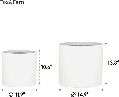 Fox & Fern 12" & 14.6" Large Planters (Set of 2) — Premium Lightweight Fiberstone Matte White Plant Pots with Drainage Plug; Extra Large Planters for Indoor & Outdoor; Weather Resistant & UV Resistant