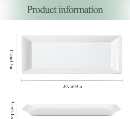 Rectangular Ceramic Serving Platters Set of 4, 14 inch Large Porcelain Serving Plates, White Appetizer Trays, Dishwasher Safe Plates for Steak, Charcuterie, Thanksgiving Turkey, Desserts