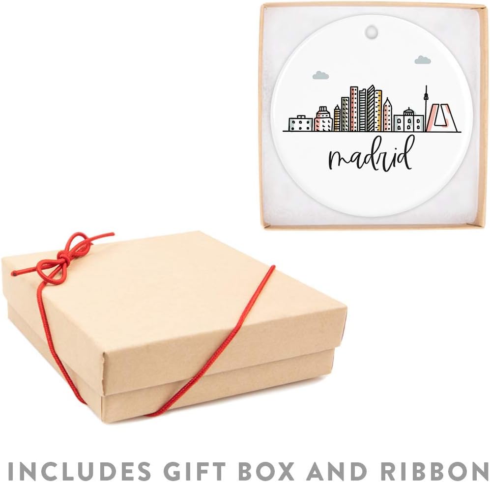 Andaz Press Round Ceramic Porcelain Christmas Tree Ornament Keepsake Gift, Madrid, Colorful International City Skyline Graphic, 1-Pack, Birthday Ideas Family Coworker Him Her, Gift Box