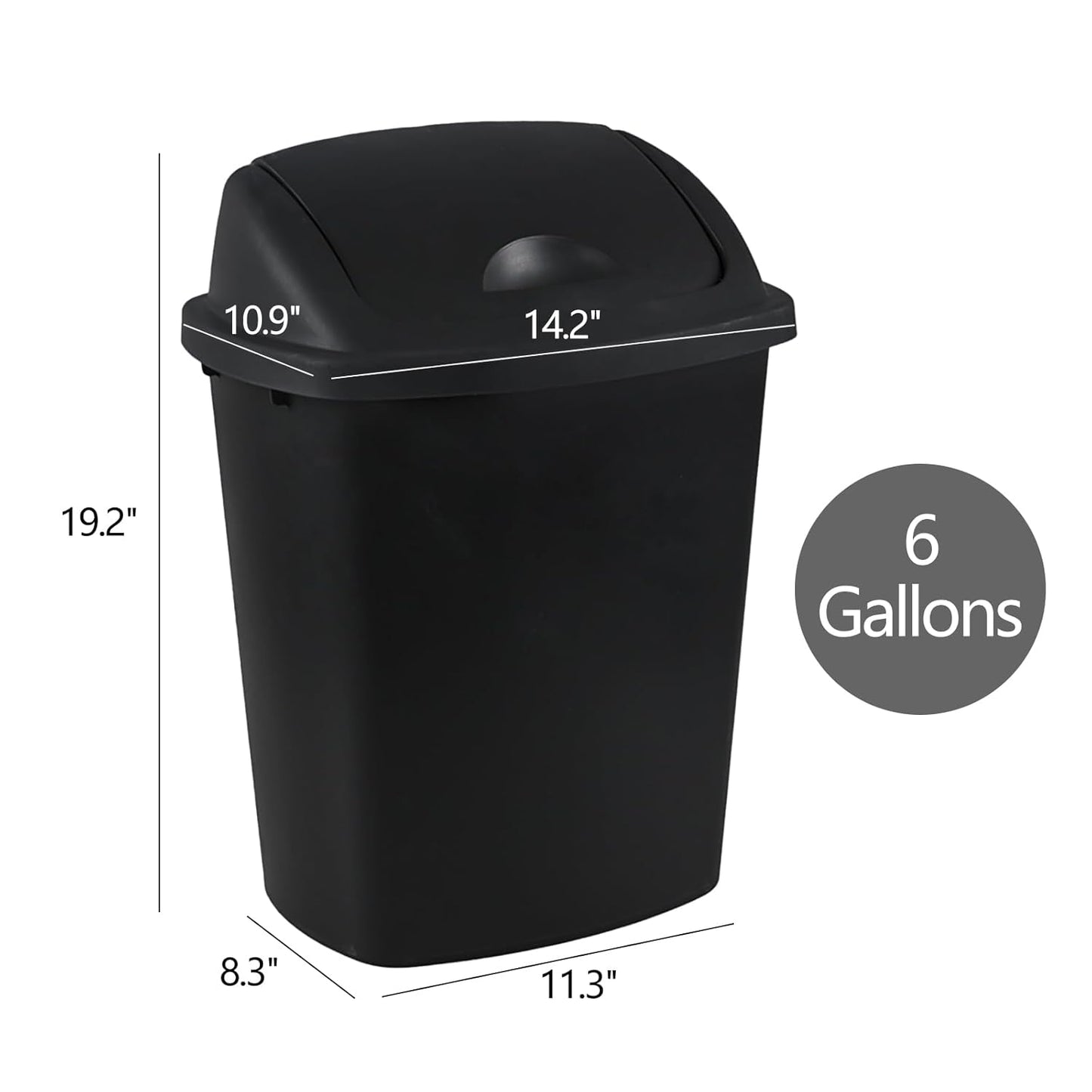 6 Gallon Swing Top Trash Can Outdoor and Indoor Recycle Bin, Plastic Garbage Can with Swing-Lid, Black, 4-Pack