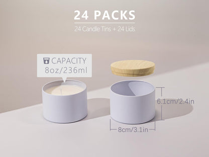 Aroparc Candle Tins 8oz with Lids, 24 Pack Seamless Candle Containers for Candle Making Supplies Empty Candle Jars - Wood Grain Lids White Tins