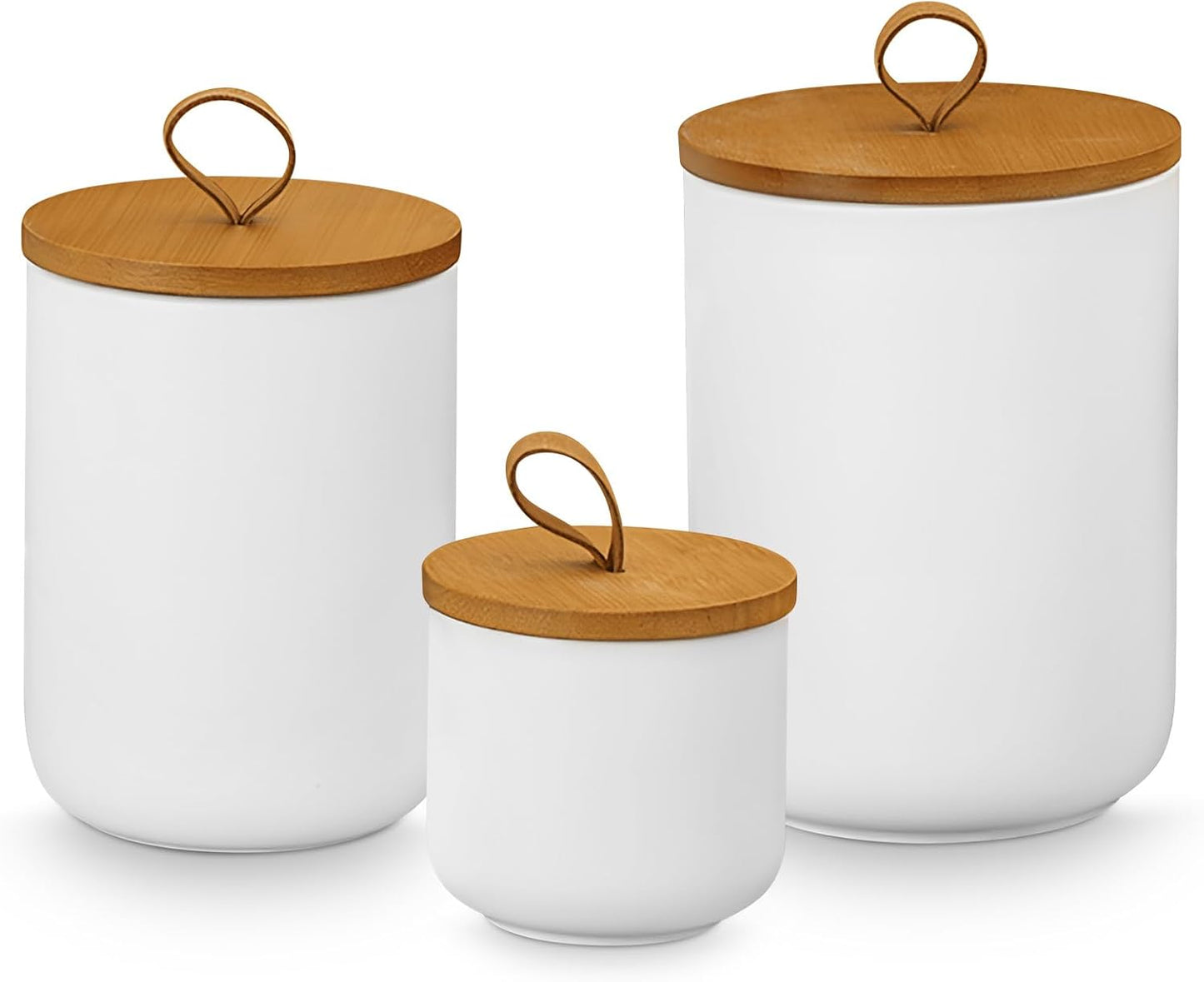 Canister Sets for Kitchen,Ceramic Kitchen Canisters for Countertop with Airtight Wood Lids for Serving Ground Coffee, Tea, Spice, Grains, Sugar, Salt (White Pack of 3 (8.7/27/44 Oz))