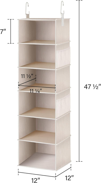 StorageWorks 6-Shelf Hanging Closet Organizer, Hanging Shelves for Closet, Fabric, Mixing of Beige, White & Ivory, 12" D x 12" W x 47 1⁄2" H