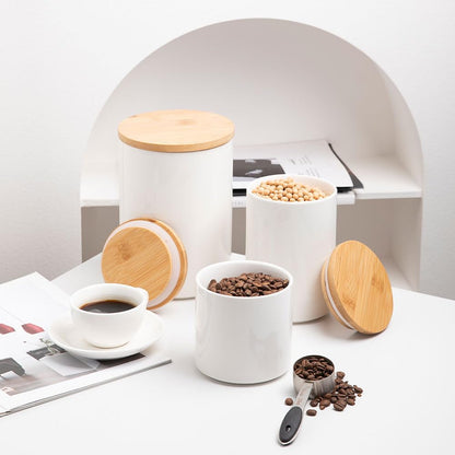 Sweejar Ceramic canisters for kitchen counter,Stackable Food Containers Set with Airtight Seal Bamboo Lid for Serving Ground Coffee, Tea, Spice, Flour and Sugar-Set of 3 (White)