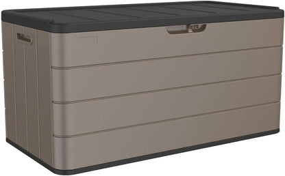 100 Gallon Plus Outdoor Storage Box Waterproof Lockable Resin Deck Box Large, Patio Storage Bin for Pool Accessories Cushion Furniture, Garden Tools, UV-Resistant Outside Delivery Brown