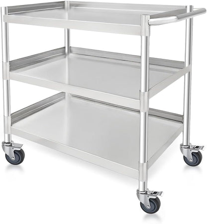 3-Shelf Stainless Steel Rolling Utility Cart - Heavy-Duty Metal Mobile Storage with Handle & Locking Wheels - Ideal for Kitchen, Medical, Lab, Restaurant & Home Use (19''x31''x34'')