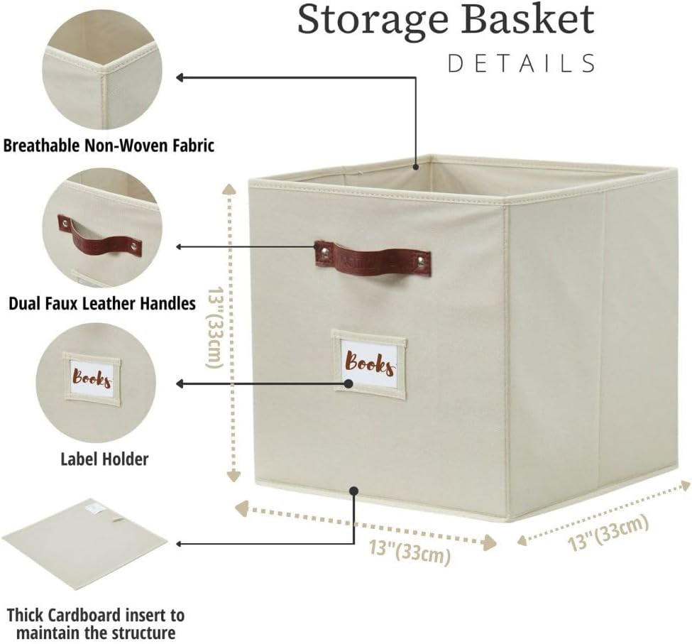 DECOMOMO Storage Cubes, 13x13x13 Storage Cube Bins with Labels, Fabric Organizer Bins (13" / 6pcs, Beige)