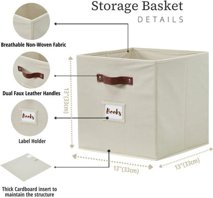 DECOMOMO Storage Cubes, 13x13x13 Storage Cube Bins with Labels, Fabric Organizer Bins (13" / 6pcs, Beige)