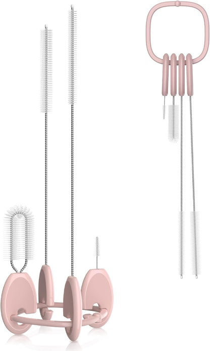 YOTIME Standing Straw Cleaner Brush Set, 4in1 Reusable Straw Brushes with Holder Ring, for Wide and Narrow Straws, Tumblers, Water Bottles and Cups, Pink
