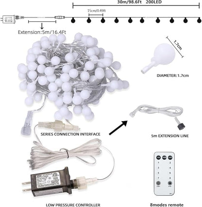 Multicolor Crystal Globe String Lights Plug in 116 Ft. 200 LED 8 Modes with Remote,Waterproof Fairy String Lights for Indoor Outdoor Bedroom Party Wedding Garden Christmas Tree Decor