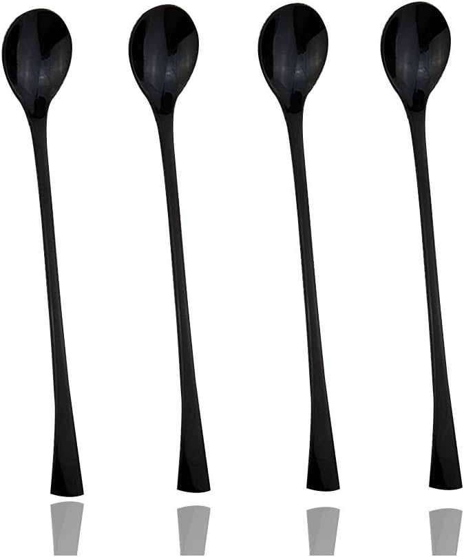 JASHII 18/10 Stainless Steel 4 Piece Mirror Polished Black Long Handle Ice Cream Spoon and Coffee Server Utensil Set - 18CM