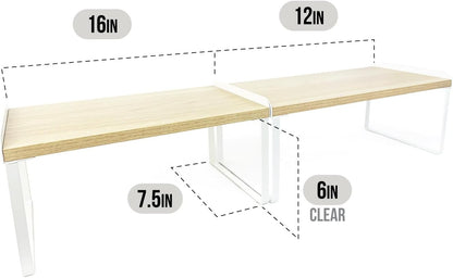 Mitus Shelf Organizer and Storage, Stackable Tiered Wood Cabinet Rack for Countertops, Desktops, Cabinets (Set of 2) 12" and 16" Wide Natural Oak and White