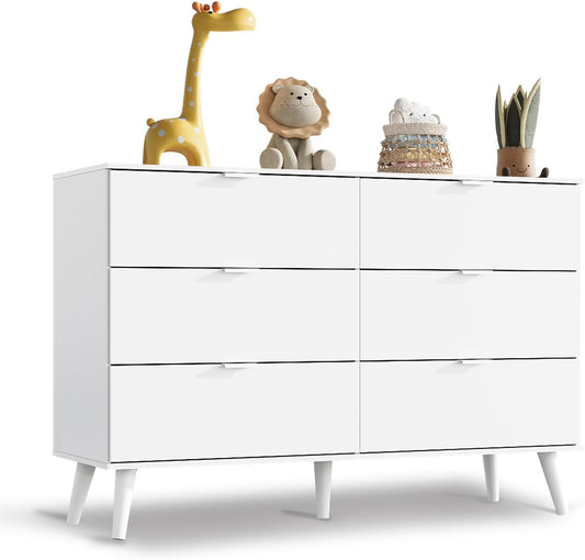 WLIVE 6 Drawer Dresser for Bedroom, 47.24'' Wide Wood White Dresser, Storage Organizer with Sturdy Metal Handle, TV Stand for 55 inch TV, Chest of Drawers for Living Room, Hallway, Closet