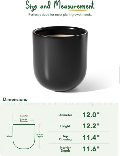 LE TAUCI 12 Inch Pots for Plants, Ceramic Large Planters for Home Garden Patio Office, Indoor Modern Plant Pots with Drainage Hole and Rubber Plug, Black