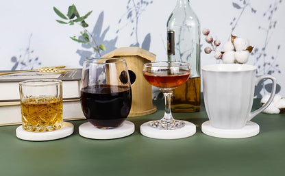 White Marble Coasters with Bling Particles, Set of 4 - Natural Marble Stone Drink Coaster with Protective Silicone Feet, 4 inch Diameter, 0.4 inch Thick - Heat-Resistant Coasters for Coffee Table