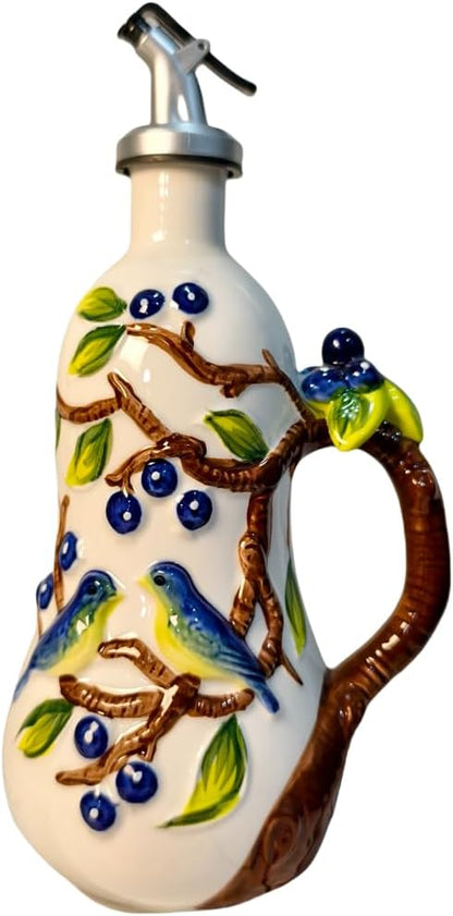 18 Oz Hand Painted Relief Ceramic Olive Oil Bottle Dispenser for Kitchen, Oil and Vinegar Bottle, Seasoning Bottle with Stainless Steel Nozzle, 540mL Oil Container with Handle for Cooking, Light Proof