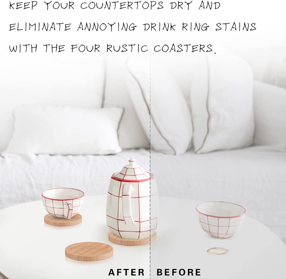 Large Round Wood Serving Tray, Wooden Trays with Handles for Ottoman Table, Vintage Acacia Tray Circle Wood Tray for Indoor Outdoor Organization and Decoration, Including 4 Round Wooden Coasters