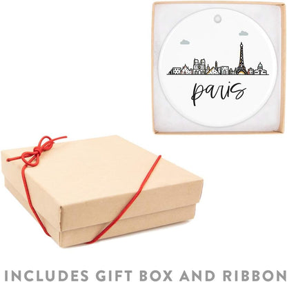 Andaz Press Round Ceramic Porcelain Christmas Tree Ornament Keepsake Gift, Paris, Colorful International City Skyline Graphic, 1-Pack, Birthday Ideas Family Coworker Him Her, Gift Box