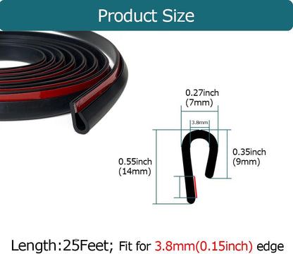 Rubber Edge Trim Black, U Channel Rubber Seal Strip with Self-Adhesive Tape, Metal Edge Protector Fit for 0.15", 25Ft