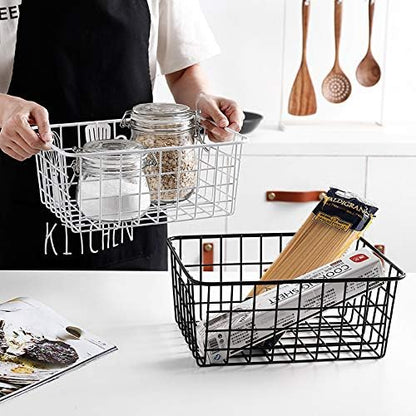 Kitchen Wire Baskets Farmhouse Decor Metal Food Storage Organizer, Household Refrigerator Bin with Built-in Handles for Cabinets,Pantry Set of 4 (Black)
