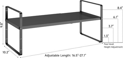 16.5~27.1" Expandable Shelf Organizer, 1Pack 10.2" Wide Stackable Cabinet Shelf Organizers, Black Metal Sturdy Kitchen Counter Storage for Countertop, Adjustable Height Spice Rack