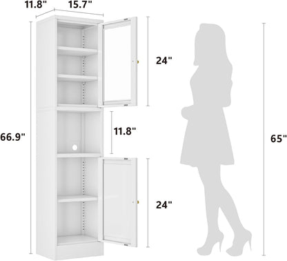 67" Tall Bathroom Storage Cabinet, Narrow Metal Floor Cabinet with Glass Door and Adjustable Shelves, Freestanding Metal Locker for Laundry, Kitchen, Dining Room