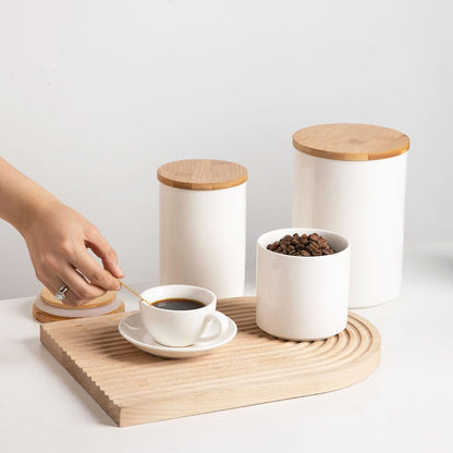 Sweejar Ceramic canisters for kitchen counter,Stackable Food Containers Set with Airtight Seal Bamboo Lid for Serving Ground Coffee, Tea, Spice, Flour and Sugar-Set of 3 (White)