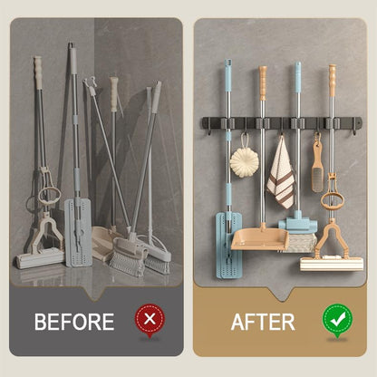 Amouy Broom Holder Wall Mount Mop(2 Racks with 3 Hooks),Garden Tool Storage Tool Rack Storage & Organization for the Home Plastic Hanger for Closet Garage Organizer